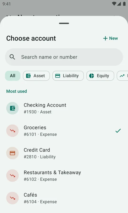 The Choose account sheet with search, type filters and a Most used list: Checking Account, Groceries, Credit Card, Restaurants & Takeaway, Cafés.