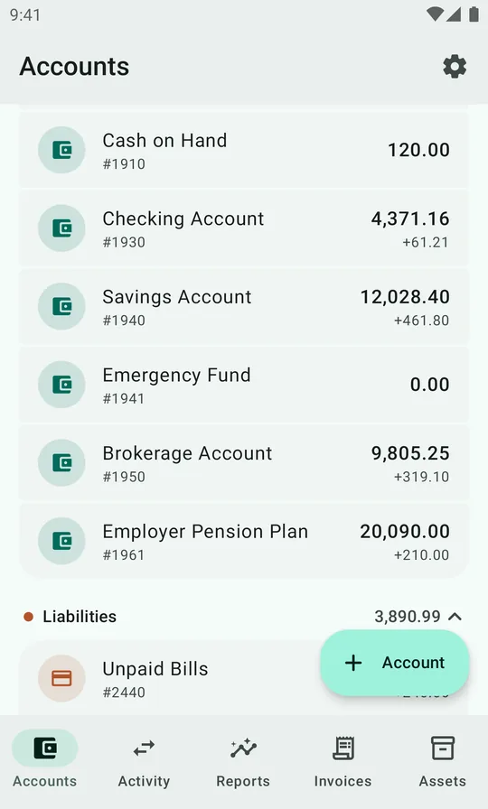 Asset accounts with balances and monthly change.