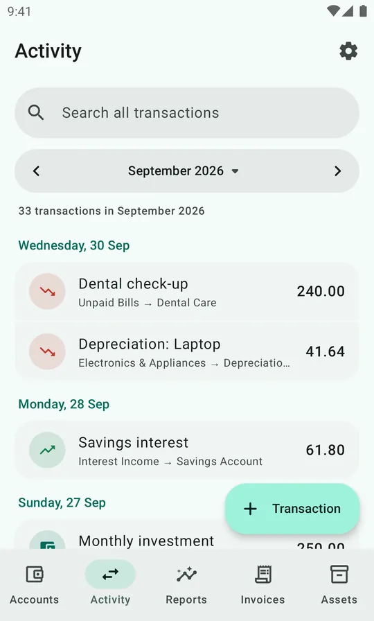 The Activity tab listing September's transactions by day.