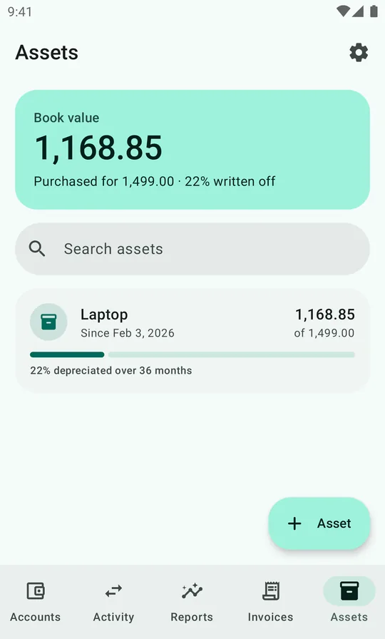 The Assets tab: book value 1,168.85, purchased for 1,499.00, 22% written off, with the Laptop listed.