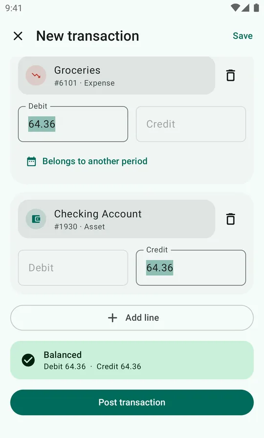 A new transaction with a debit to Groceries and a credit to Checking Account, marked Balanced.