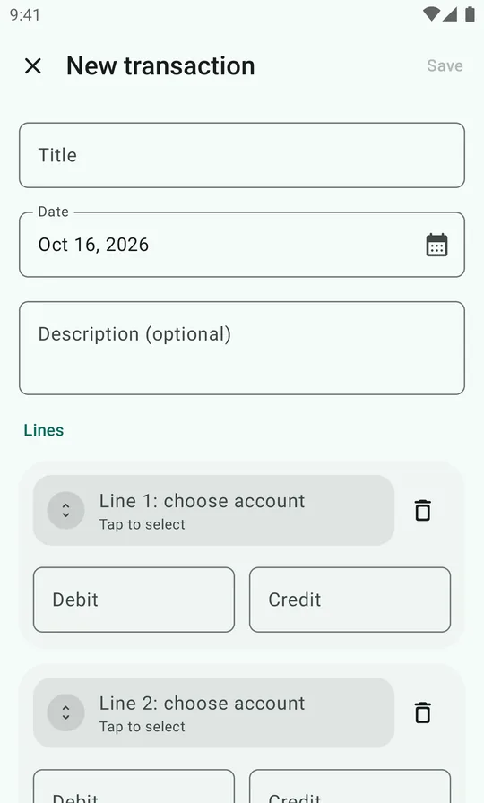 An empty New transaction form with Title, Date, Description and two lines.