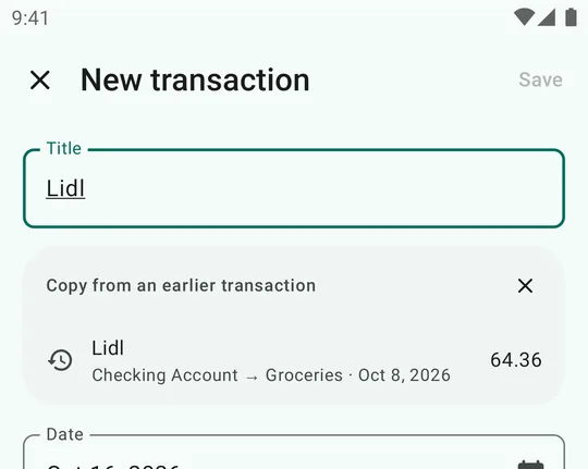 Typing Lidl as the title shows a suggestion: Lidl, Checking Account → Groceries, 64.36, under Copy from an earlier transaction.
