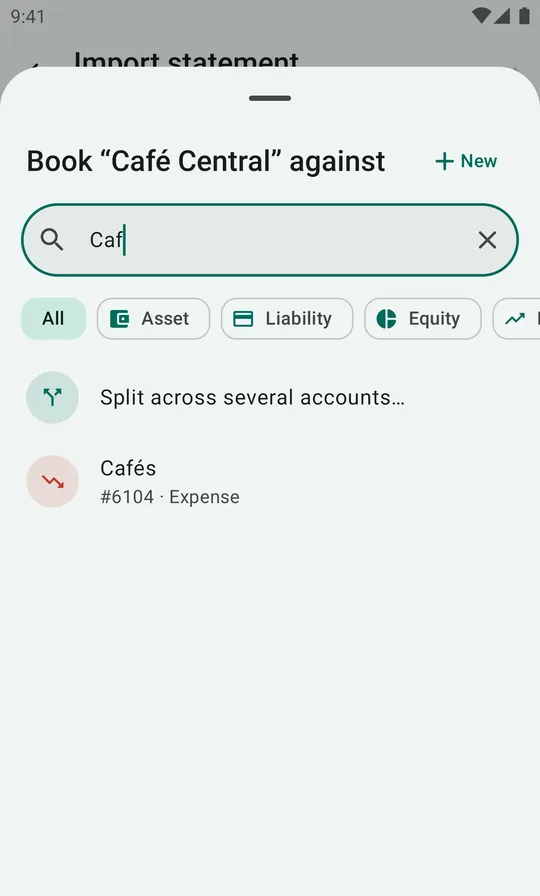 Book Café Central against: a search for Caf shows the Cafés account and a Split across several accounts option.