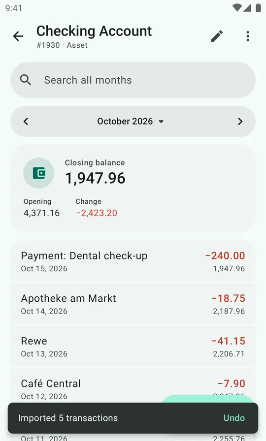 Back in the Checking Account ledger for October, with Imported 5 transactions and an Undo button at the bottom.