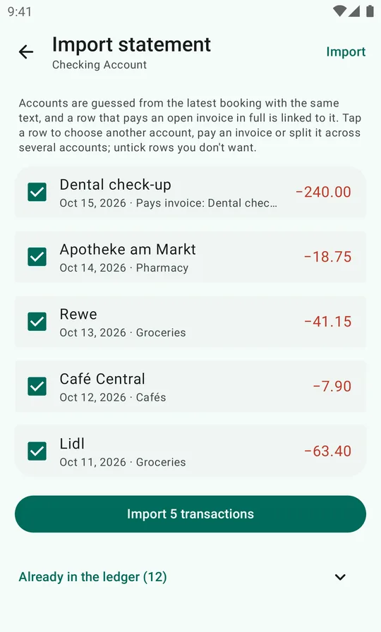 All five rows ticked and assigned: Pharmacy, Groceries, Cafés, Groceries, and the invoice payment, with an Import 5 transactions button.