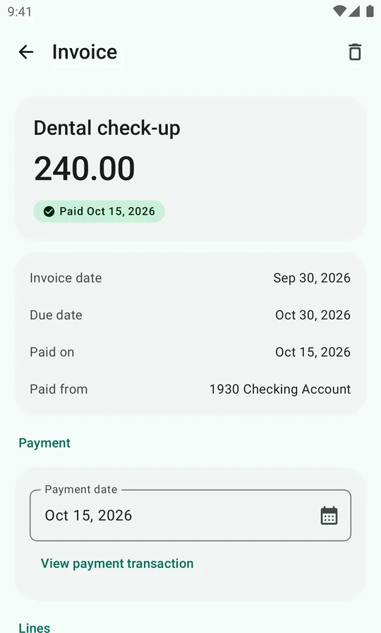 The Dental check-up invoice: 240.00, paid Oct 15, 2026 from 1930 Checking Account, with a link to the payment transaction.