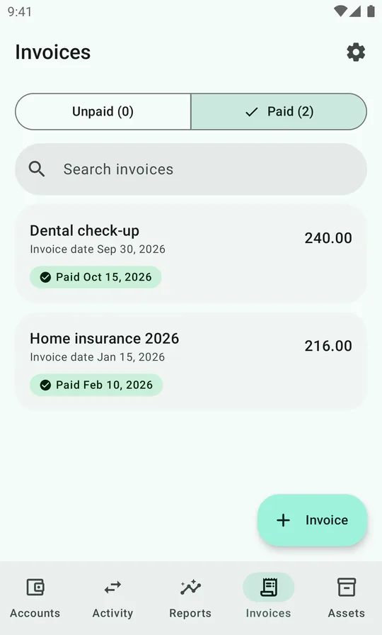 The Invoices tab with two paid invoices: Dental check-up 240.00, paid Oct 15, and Home insurance 2026, 216.00, paid Feb 10.