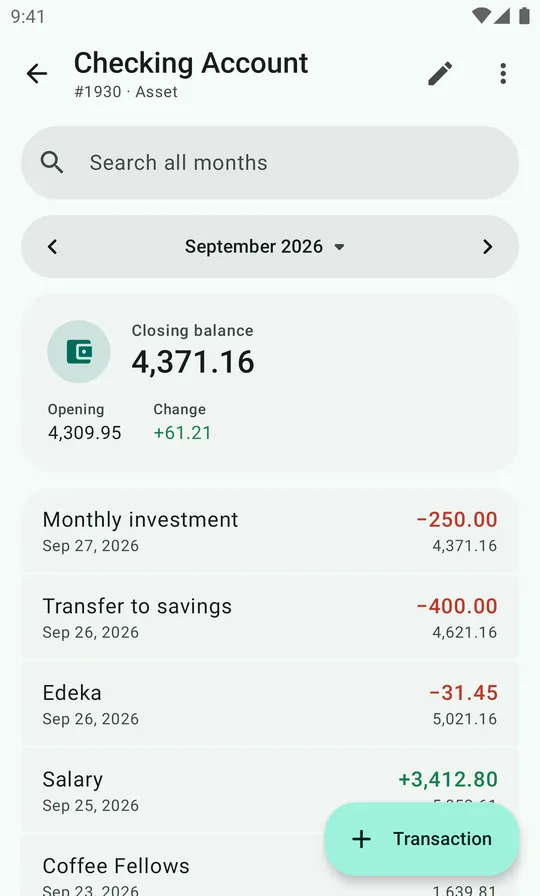 The checking account ledger for September with opening, change and closing balance.