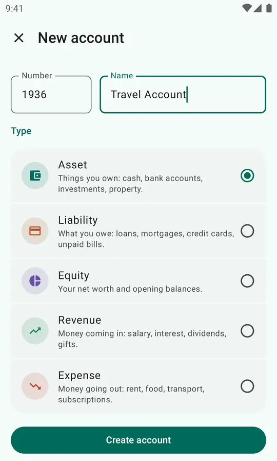 The New account form with number 1936, name Travel Account and the five account types to choose from.