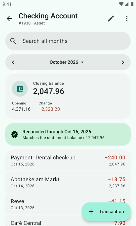 The ledger with a green banner: Reconciled through Oct 16, 2026. Matches the statement balance of 2,047.96.