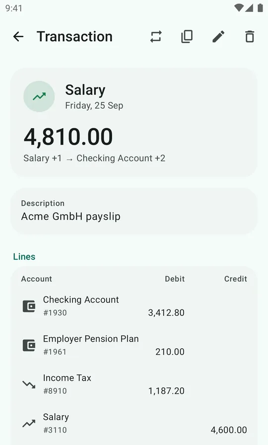 The Salary transaction: 4,810.00 on Friday 25 Sep, Salary +1 → Checking Account +2, with its description and lines.