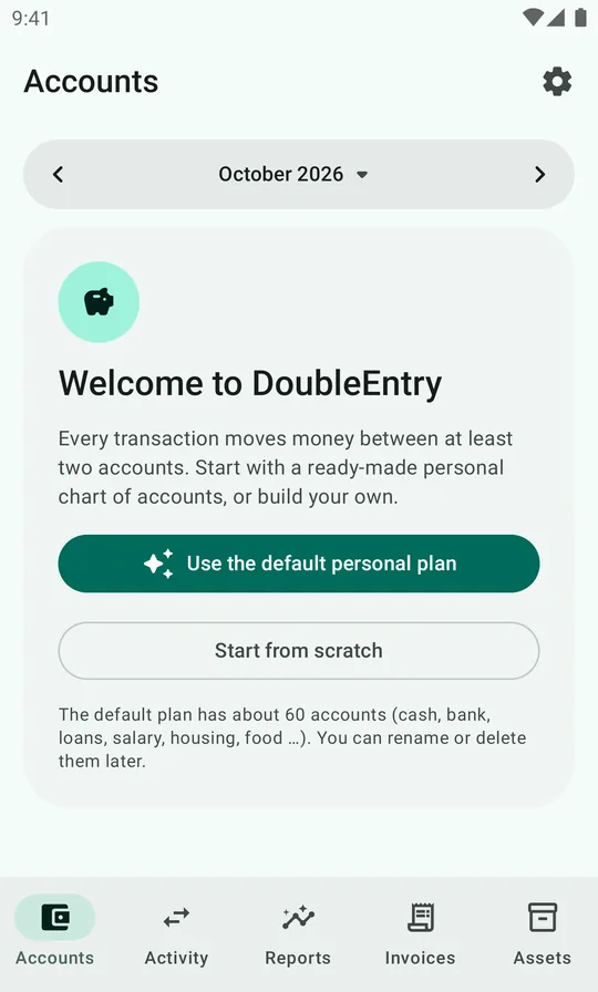 The welcome screen with the buttons Use the default personal plan and Start from scratch.